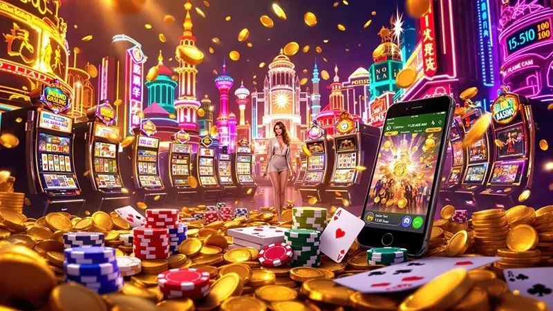Layar slot bertema dengan simbol reel dan efek permainan
